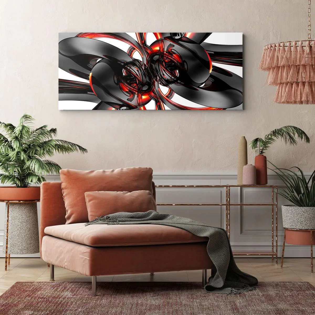 Cuadro sobre lienzo - Impresión de Imagen - Gráficos 3D abstractos con elementos negros y rojos - 120x50cm - Movimiento en grafito y rojo - Decoración de pared moderna para salón y dormitorio ARTTOR