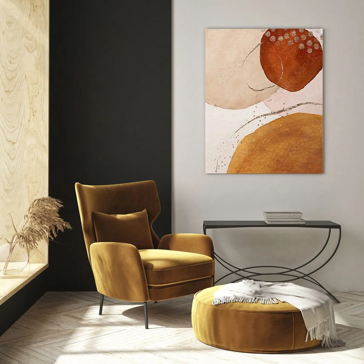 Cuadro sobre vidrio - Impresiones sobre Vidrio - Círculos abstractos en tonos beige, cobre y dorado. - 50x70cm - Movimiento abstracto - Decoración de pared moderna para salón y dormitorio ARTTOR