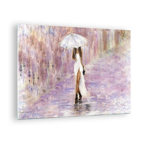 Cuadro sobre vidrio - Impresiones sobre Vidrio - Figura de una mujer con paraguas en una escena de lluvia lila - 70x50cm - En la lluvia de lilas - Decoración de pared moderna para salón y dormitorio ARTTOR