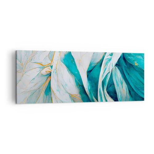 Cuadro sobre lienzo - Impresión de Imagen - Hojas azules abstractas con detalles dorados - 140x50cm - Abstracción azul con motivos dorados - Decoración de pared moderna para salón y dormitorio ARTTOR