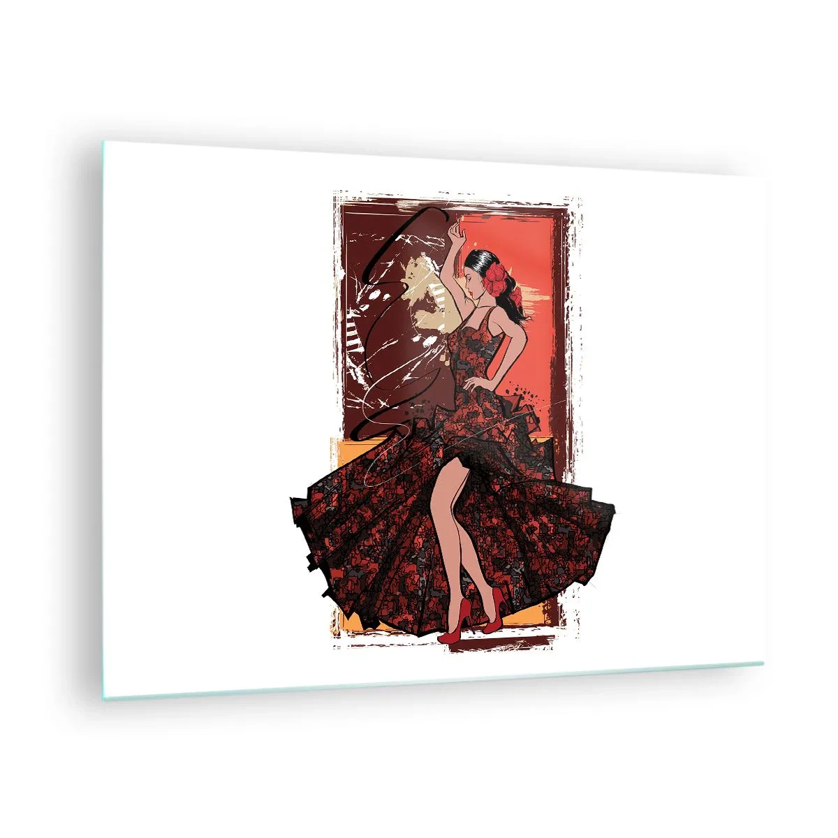 Cuadro sobre vidrio - Impresiones sobre Vidrio - Bailaora de flamenco con un elegante vestido rojo y negro - 70x50cm - El ritmo del corazón - Decoración de pared moderna para salón y dormitorio ARTTOR