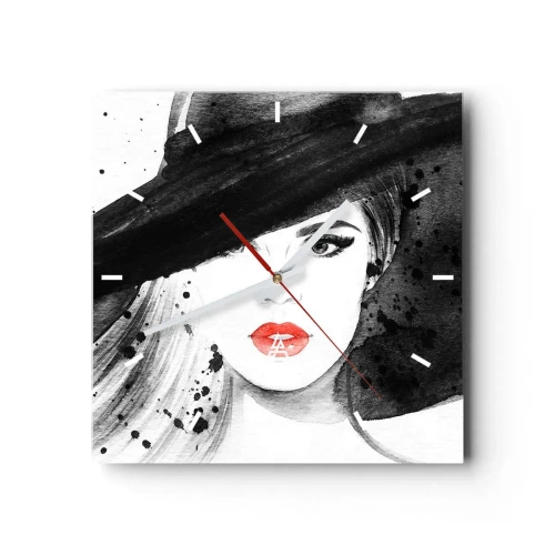 Reloj de pared - Reloj de vidrio - Retrato de una mujer con sombrero y labios rojos. - 30x30cm - Dama de negro - Decoración de pared moderna para salón y dormitorio ARTTOR