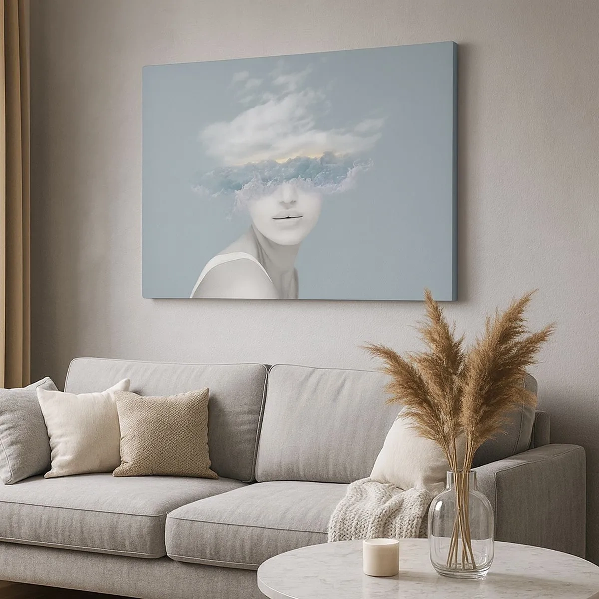 Cuadro sobre lienzo - Impresión de Imagen - Retrato de una mujer con el rostro oculto tras nubes y olas. - 70x50cm - Con la cabeza en las nubes - Decoración de pared moderna para salón y dormitorio ARTTOR