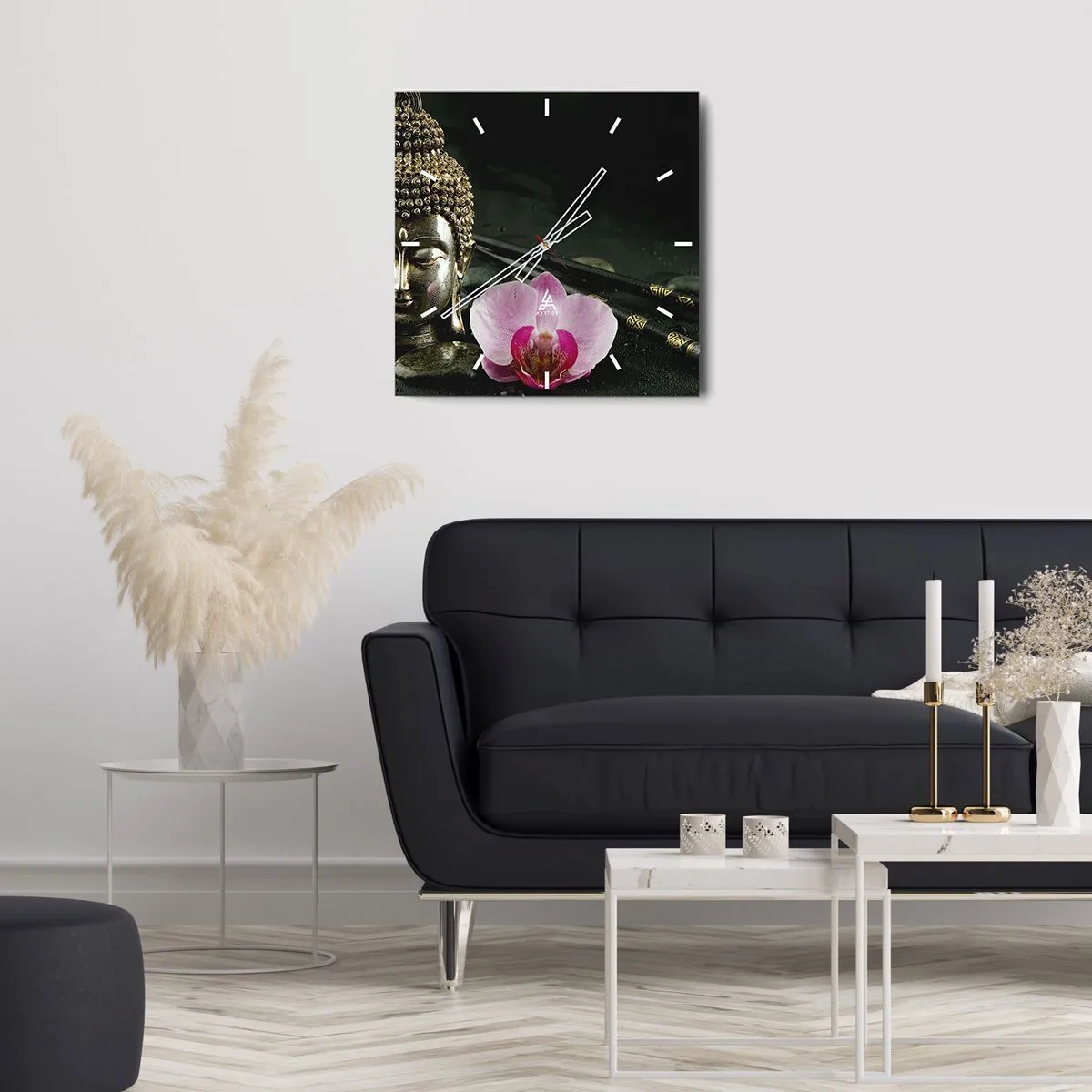 Reloj de pared - Reloj de vidrio - Una estatuilla de Buda con una orquídea y palillos sobre un fondo de piedras. - 30x30cm - La armonía de la sabiduría y la belleza - Decoración de pared moderna para salón y dormitorio ARTTOR