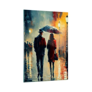 Cuadro sobre vidrio - Impresiones sobre Vidrio - Caminando bajo la lluvia bajo un paraguas en la ciudad por la noche. - 80x120cm - Historia de amor urbana - Decoración de pared moderna para salón y dormitorio ARTTOR