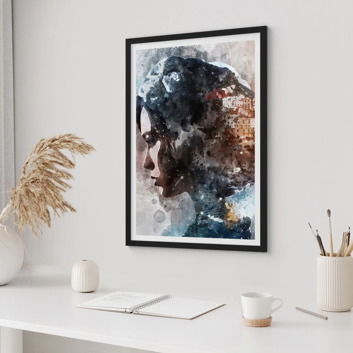 Póster en marco negro - Silueta de una mujer con un paisaje de acuarela de fondo. - 50x70cm - Una historia sobre una niña con una ciudad de fondo - Decoración de pared moderna para salón y dormitorio ARTTOR