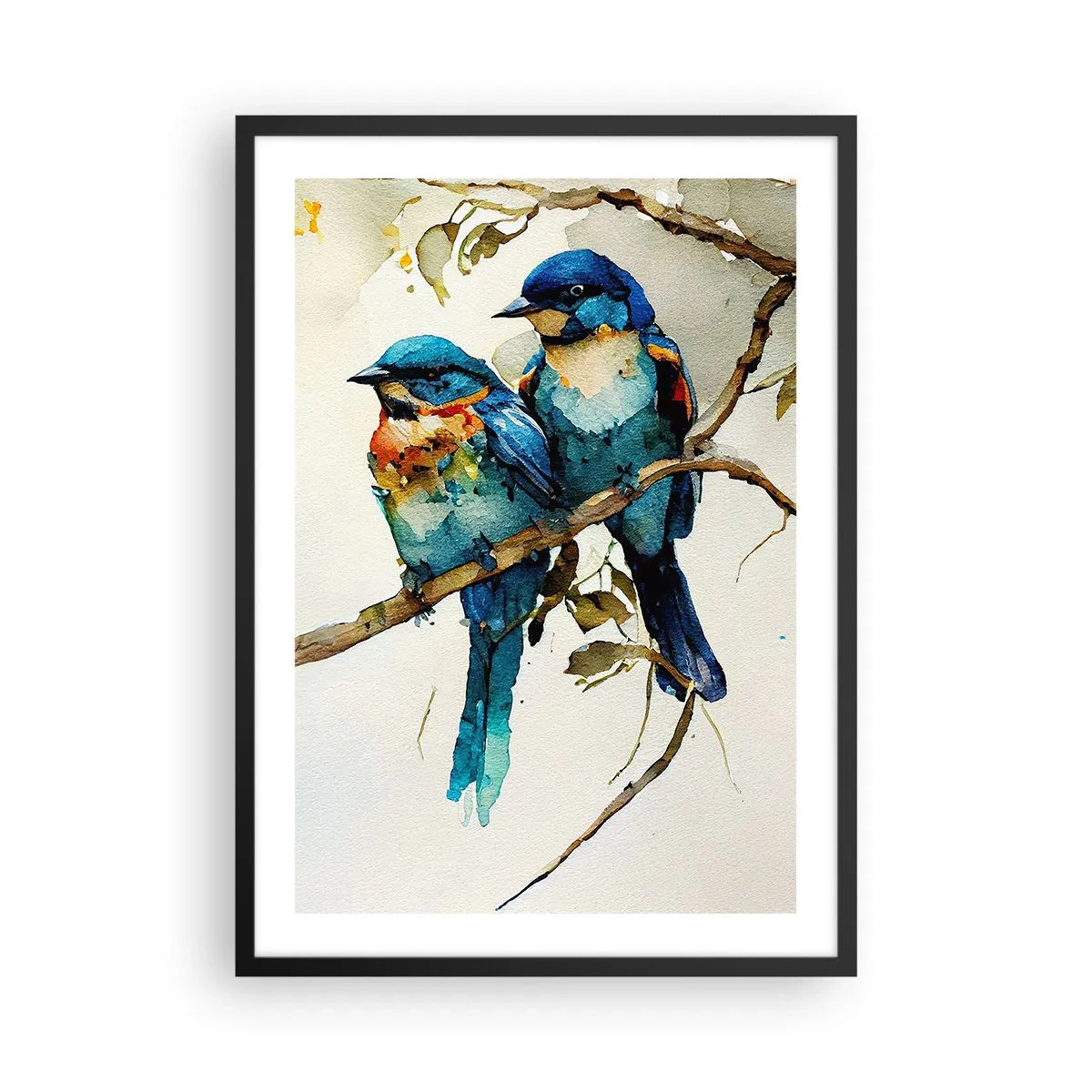 Póster en marco negro - Pájaros de acuarela en una rama en tonos azules y marrones. - 50x70cm - ¿Ofendido? - Decoración de pared moderna para salón y dormitorio ARTTOR