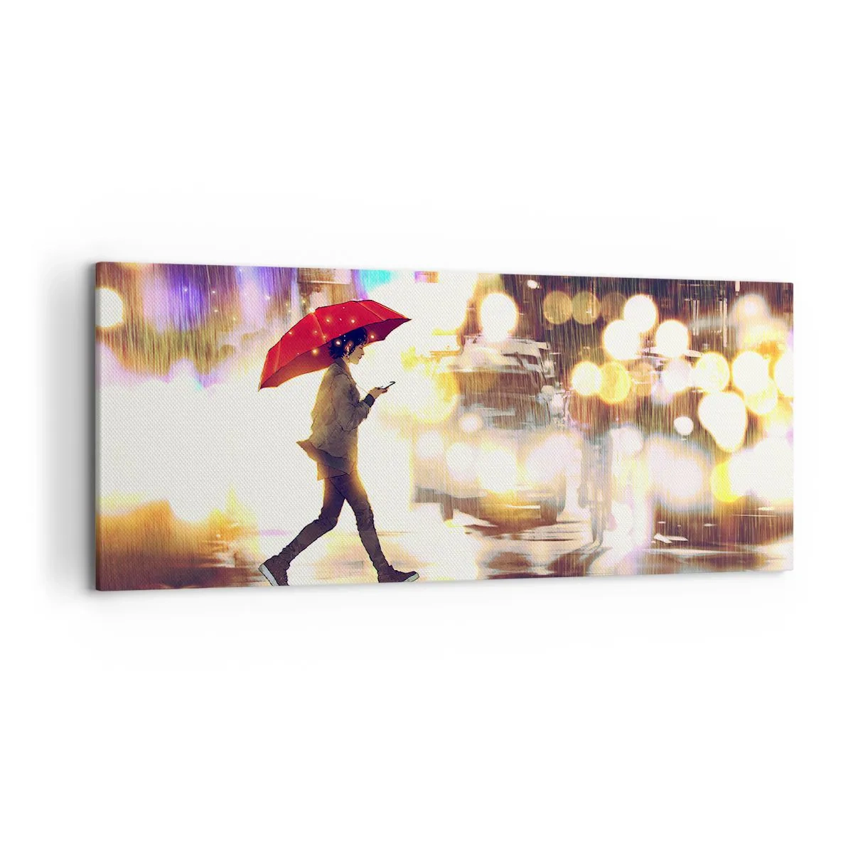 Cuadro sobre lienzo - Impresión de Imagen - Una figura con un paraguas rojo en la calle bajo la lluvia. - 120x50cm - Saldrá el sol - Decoración de pared moderna para salón y dormitorio ARTTOR