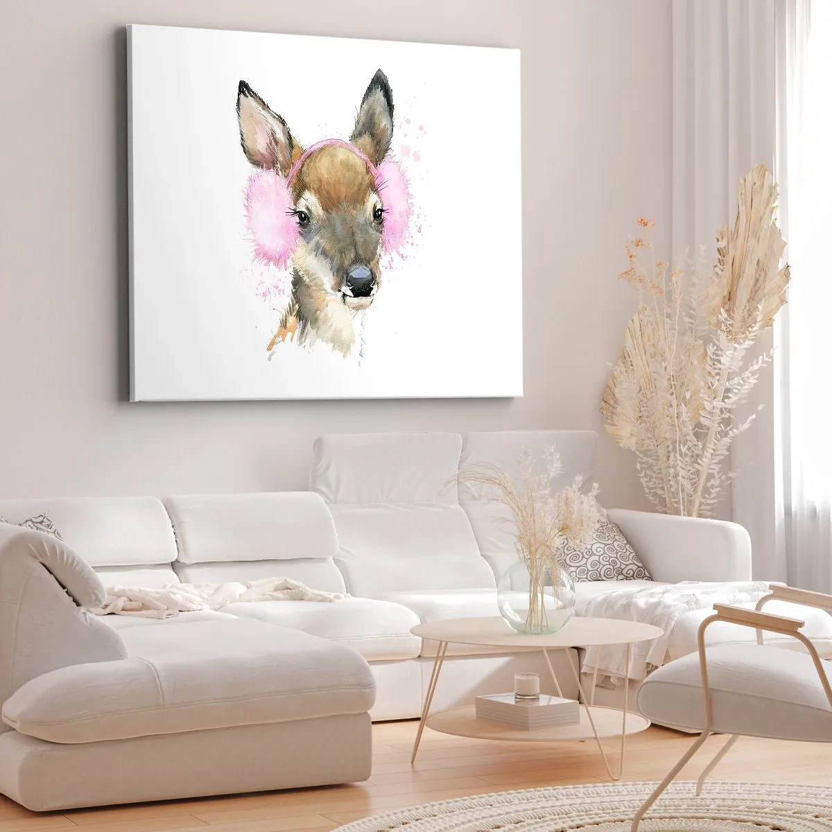 Cuadro sobre lienzo - Impresión de Imagen - Ciervo de acuarela con orejeras rosas - 120x80cm - Y el frío no te molestará más - Decoración de pared moderna para salón y dormitorio ARTTOR