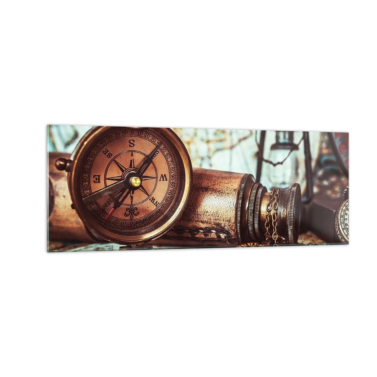Cuadro sobre vidrio - Impresiones sobre Vidrio - Un conjunto retro con brújula, telescopio y mapa con temática de viajes. - 140x50cm - Te espera una aventura pirata en el Caribe - Decoración de pared moderna para salón y dormitorio ARTTOR