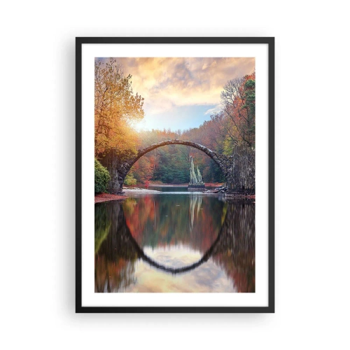 Póster en marco negro - Un puente de piedra sobre un lago en un paisaje otoñal. - 50x70cm - Al otro lado del espejo - Decoración de pared moderna para salón y dormitorio ARTTOR