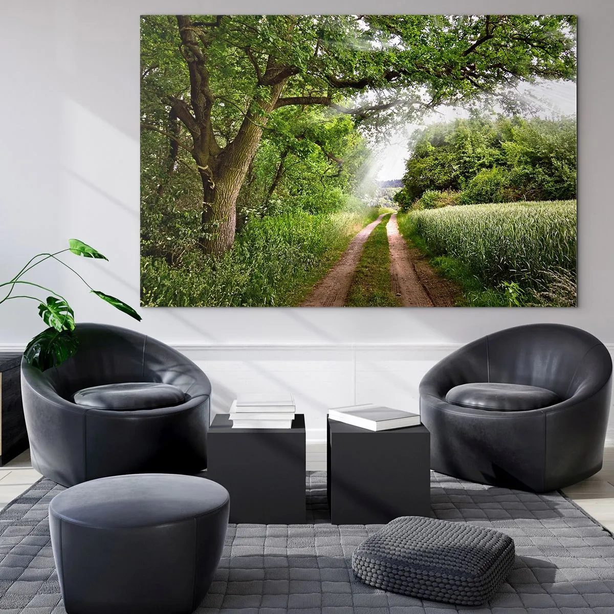 Cuadro sobre vidrio - Impresiones sobre Vidrio - Un camino forestal rodeado de vegetación bajo los rayos del sol. - 70x50cm - Ensueño - Decoración de pared moderna para salón y dormitorio ARTTOR