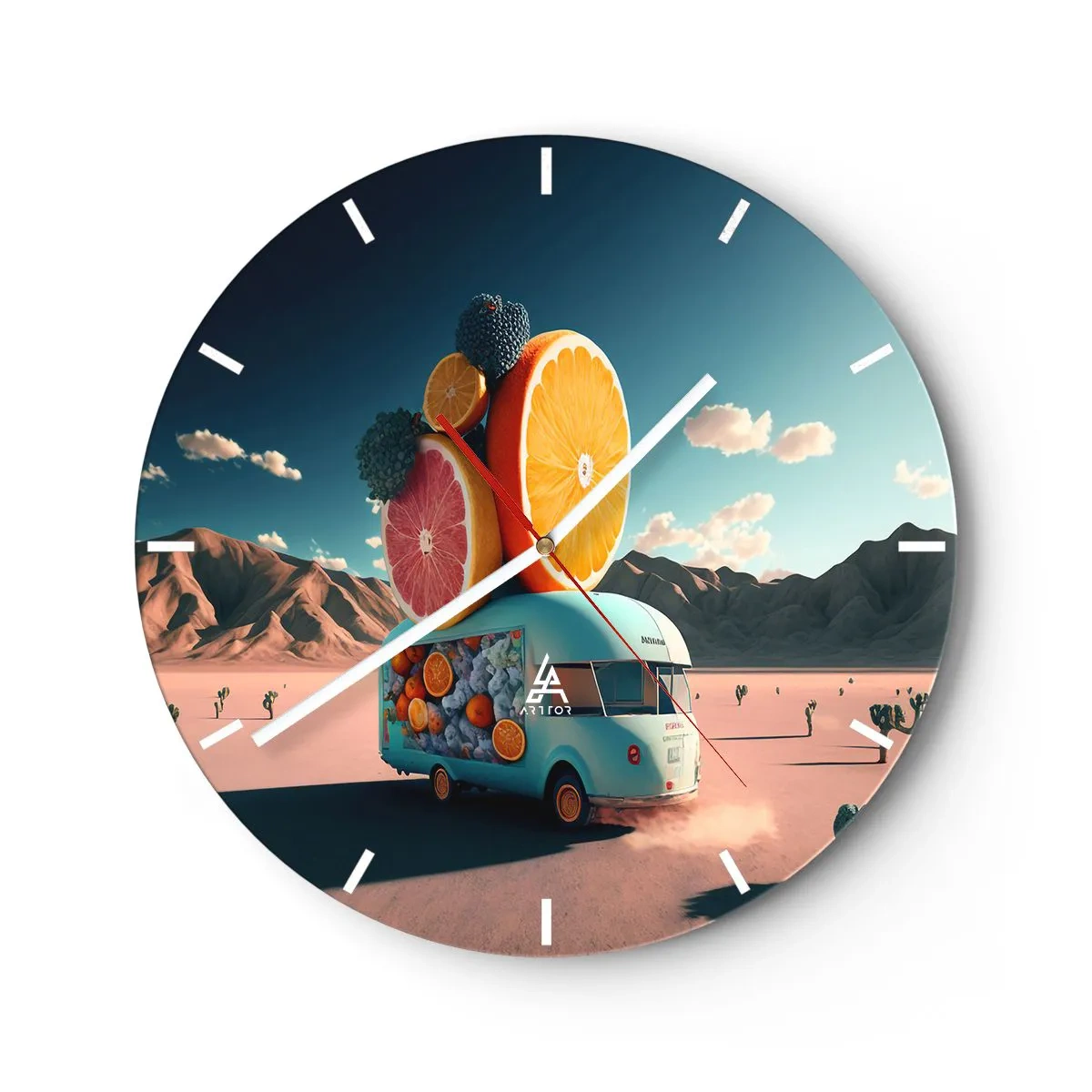 Reloj de pared - Reloj de vidrio - Un camión de comida de frutas turquesas con un fondo desértico. - 30x30cm - Un sabor a vacaciones - Decoración de pared moderna para salón, cocina y dormitorio ARTTOR