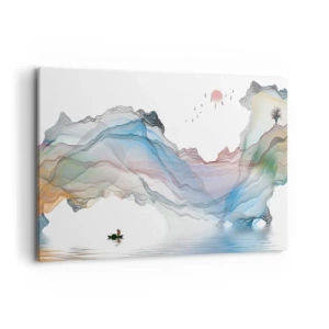 Cuadro sobre lienzo - Impresión de Imagen - Un paisaje sutil con montañas, agua y un barco. - 120x80cm - Hacia las montañas de cristal - Decoración de pared moderna para salón y dormitorio ARTTOR