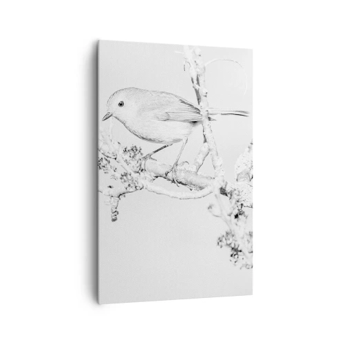 Cuadro sobre lienzo - Impresión de Imagen - Pájaro en una rama en blanco y negro con un estilo minimalista. - 80x120cm - Mañana de invierno - Decoración de pared moderna para salón y dormitorio ARTTOR