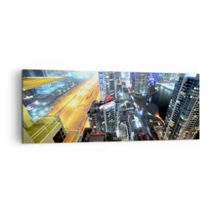 Cuadro sobre lienzo - Impresión de Imagen - Panorama de la ciudad nocturna con rascacielos iluminados - 140x50cm - Un milagro en el desierto - Decoración de pared moderna para salón y dormitorio ARTTOR