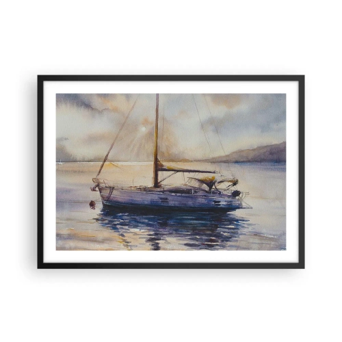 Póster en marco negro - Un yate en un mar tranquilo al atardecer. - 70x50cm - Atardecer en la bahía - Decoración de pared moderna para salón y dormitorio ARTTOR