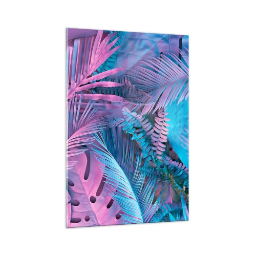 Cuadro sobre vidrio - Impresiones sobre Vidrio - Hojas tropicales en tonos rosa y azul. - 70x100cm - Trópicos en rosa y azul - Decoración de pared moderna para salón y dormitorio ARTTOR