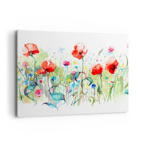 Cuadro sobre lienzo - Impresión de Imagen - Un prado con amapolas rojas y flores de colores en acuarela. - 100x70cm - Un prado en flor en mayo - Decoración de pared moderna para salón y dormitorio ARTTOR