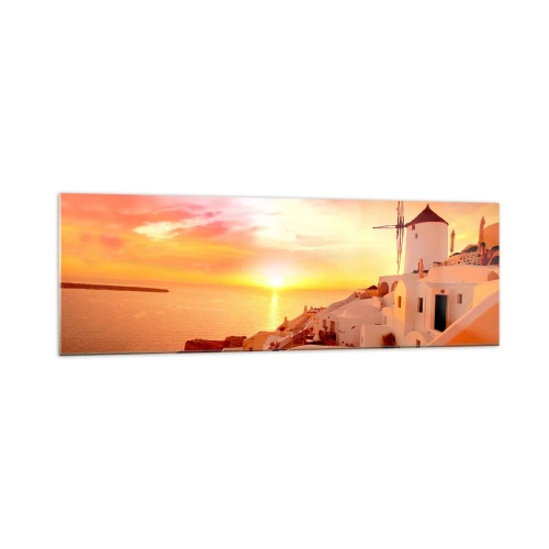 Cuadro sobre vidrio - Impresiones sobre Vidrio - Santorini al atardecer con un molino de viento - 160x50cm - Blanco y dorado - Decoración de pared moderna para salón y dormitorio ARTTOR