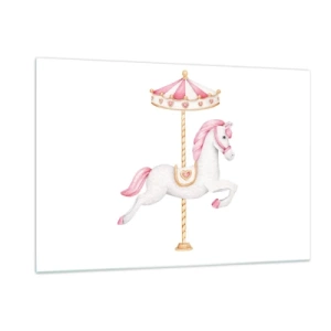 Cuadro sobre vidrio - Impresiones sobre Vidrio - Caballo de carrusel rosa y blanco sobre un fondo blanco - 120x80cm - Partió al galope - Decoración de pared moderna para salón y dormitorio ARTTOR