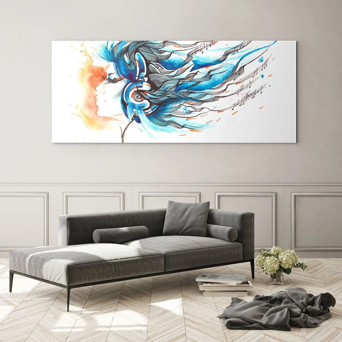 Cuadro sobre vidrio - Impresiones sobre Vidrio - Gráfico artístico de una mujer con auriculares con acentos musicales. - 160x50cm - Que suene la música - Decoración de pared moderna para salón y dormitorio ARTTOR