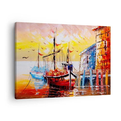 Cuadro sobre lienzo - Impresión de Imagen - Puerto pintoresco al atardecer con barcos de pesca - 70x50cm - Feliz regreso - Decoración de pared moderna para salón y dormitorio ARTTOR