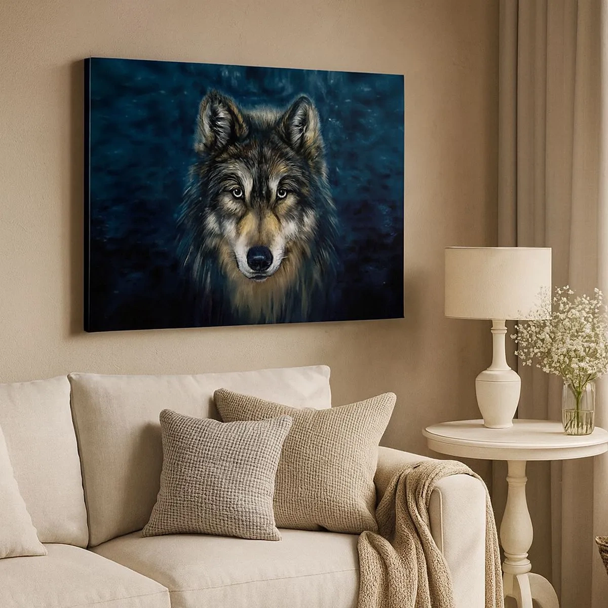 Cuadro sobre lienzo - Impresión de Imagen - Retrato de un lobo sobre un fondo azul oscuro - 70x50cm - ¿Alfa? Y omega - Decoración de pared moderna para salón y dormitorio ARTTOR