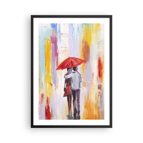 Póster en marco negro - Una escena romántica con una pareja bajo un paraguas rojo con el fondo de una ciudad. - 50x70cm - Que siga lloviendo - Decoración de pared moderna para salón y dormitorio ARTTOR