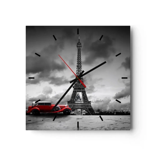 Reloj de pared - Reloj de vidrio - Coche retro rojo frente a la Torre Eiffel en blanco y negro - 30x30cm - No hace mucho tiempo, en París - Decoración de pared moderna para salón y dormitorio ARTTOR