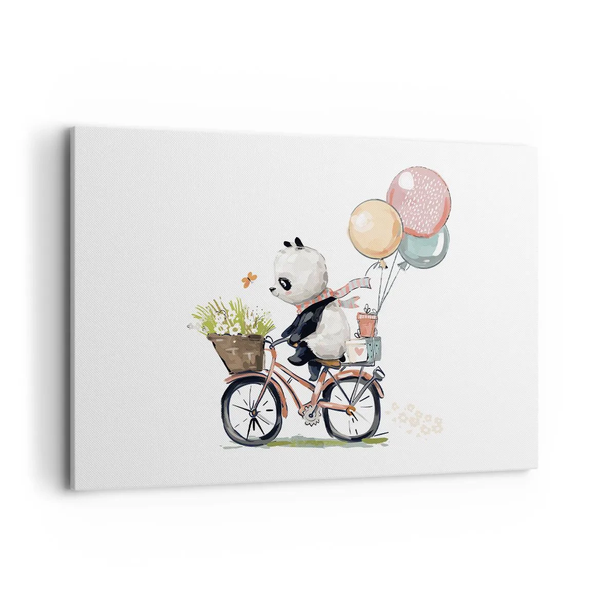 Cuadro sobre lienzo - Impresión de Imagen - Panda en bicicleta con globos y flores. - 120x80cm - Un día feliz - Decoración de pared moderna para salón y dormitorio ARTTOR
