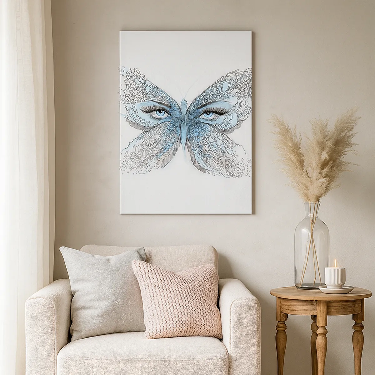 Cuadro sobre lienzo - Impresión de Imagen - Acuarela artística de una mariposa con ojos azules. - 50x70cm - Mirada de mariposa - Decoración de pared moderna para salón y dormitorio ARTTOR