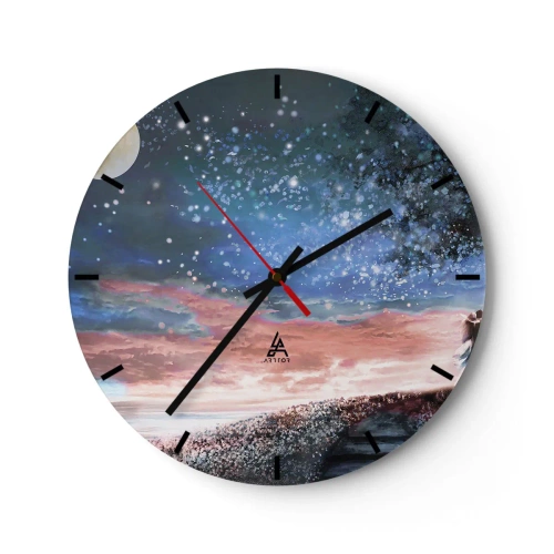 Reloj de pared - Reloj de vidrio - Un cielo nocturno lleno de estrellas con luna y nubes rosadas. - 30x30cm - Un espectáculo estelar - Decoración de pared moderna para salón, cocina y dormitorio ARTTOR