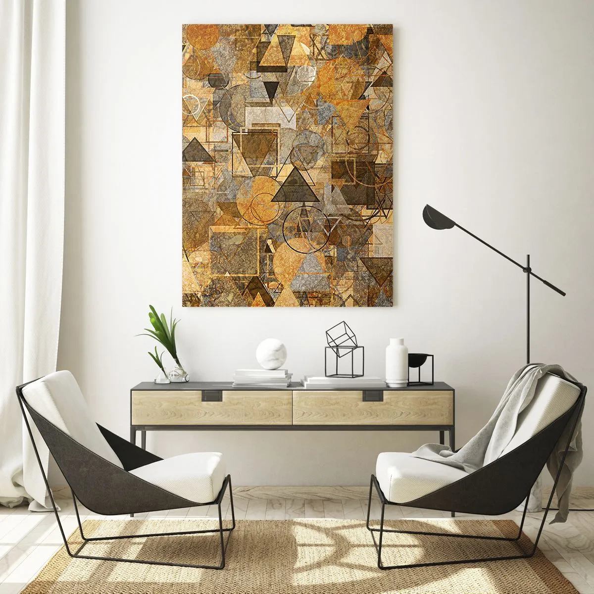 Cuadro sobre vidrio - Impresiones sobre Vidrio - Patrones geométricos abstractos en tonos dorados - 70x100cm - El mundo en formas - Decoración de pared moderna para salón y dormitorio ARTTOR