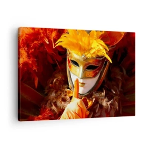 Cuadro sobre lienzo - Impresión de Imagen - Máscara de carnaval en tonos dorados y naranjas. - 70x50cm - El misterio es parte del juego - Decoración de pared moderna para salón y dormitorio ARTTOR