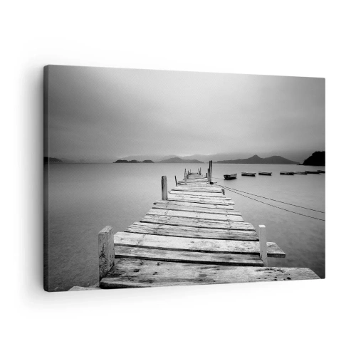 Cuadro sobre lienzo - Impresión de Imagen - Una vista en blanco y negro de un embarcadero de madera y un lago tranquilo. - 70x50cm - Más allá de las montañas, más allá de los mares - Decoración de pared moderna para salón y dormitorio ARTTOR