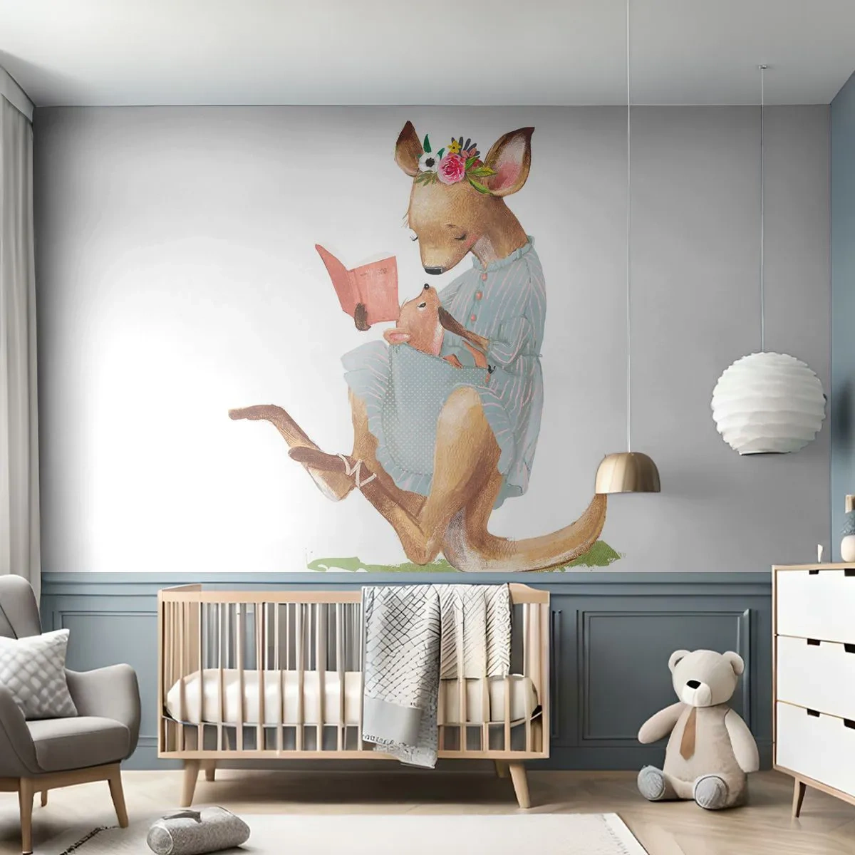 Fotomural Premium Sand - Ilustración de una madre canguro leyendo un libro con su cachorro - 100x70cm - Léeme un cuento, mamá - Decoración de pared moderna para salón y dormitorio ARTTOR