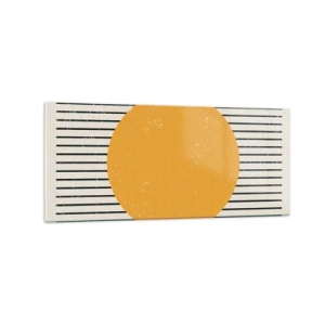 Cuadro sobre vidrio - Impresiones sobre Vidrio - Un círculo amarillo sobre un fondo de líneas horizontales blancas y negras. - 120x50cm - El poder de la sencillez - Decoración de pared moderna para salón y dormitorio ARTTOR