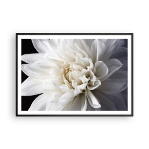 Póster en marco negro - Una delicada flor blanca sobre un fondo negro en una elegante composición. - 100x70cm - La novia de la mañana - Decoración de pared moderna para salón y dormitorio ARTTOR