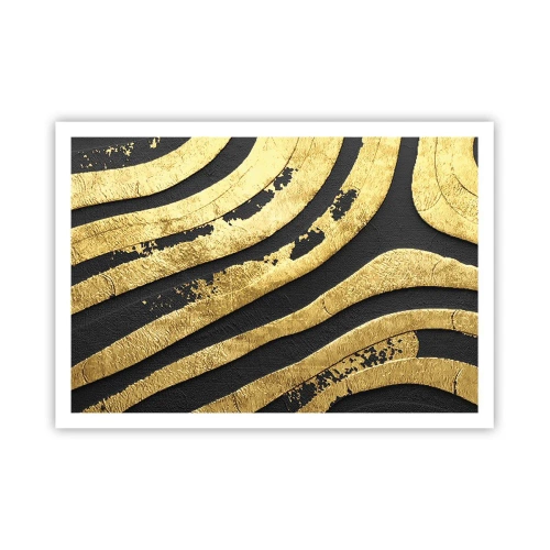 Póster - Ondas abstractas doradas sobre un fondo negro - 100x70cm - Todo fluye - Decoración de pared moderna para salón y dormitorio ARTTOR