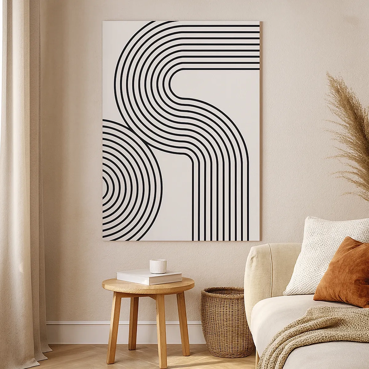 Cuadro sobre lienzo - Impresión de Imagen - Una pintura abstracta con líneas negras que crean patrones geométricos sobre un fondo blanco. - 50x70cm - En una curva - Decoración de pared moderna para salón y dormitorio ARTTOR