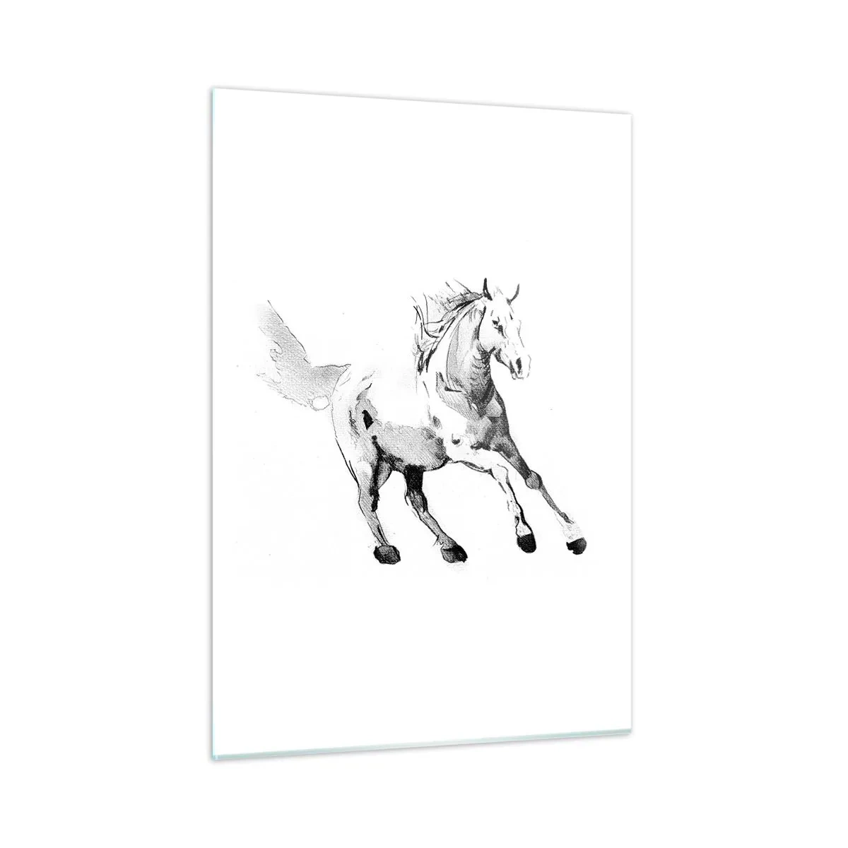 Cuadro sobre vidrio - Impresiones sobre Vidrio - Boceto en blanco y negro de un caballo al galope sobre un fondo blanco. - 50x70cm - Alma indómita - Decoración de pared moderna para salón y dormitorio ARTTOR