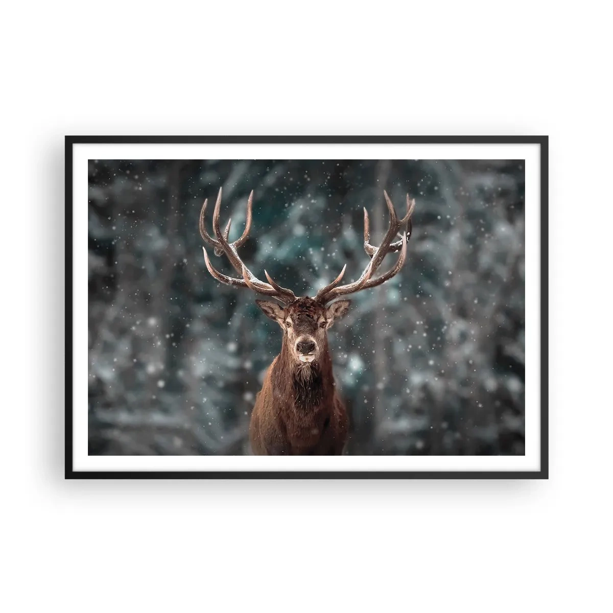 Póster en marco negro - Ciervos en un bosque invernal con nieve cayendo - 100x70cm - Coronado rey del bosque - Decoración de pared moderna para salón y dormitorio ARTTOR
