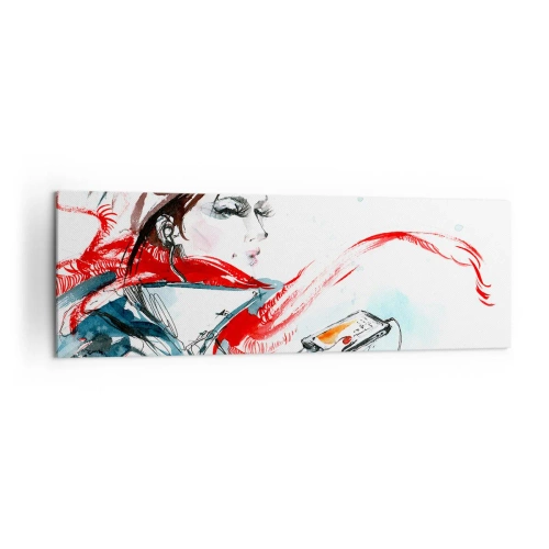 Cuadro sobre lienzo - Impresión de Imagen - Una mujer con un pañuelo rojo con pinceladas dinámicas de acuarela. - 160x50cm - Algo suena dentro de mí - Decoración de pared moderna para salón y dormitorio ARTTOR