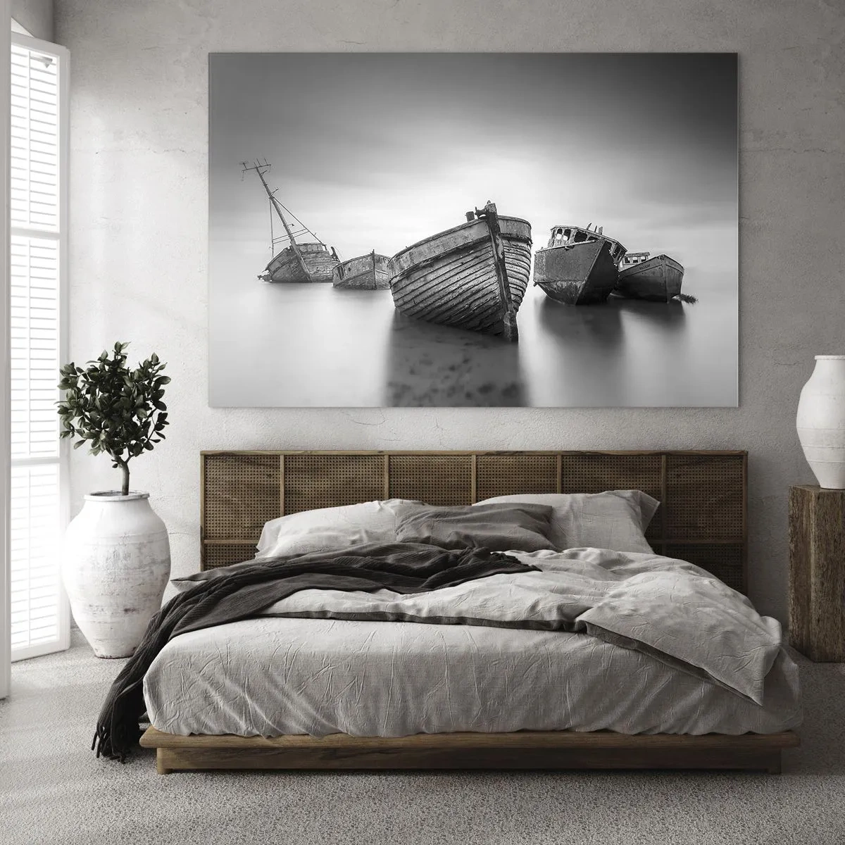 Cuadro sobre vidrio - Impresiones sobre Vidrio - Barcos abandonados en aguas tranquilas en blanco y negro - 70x50cm - Ahora solo quedan los recuerdos... - Decoración de pared moderna para salón y dormitorio ARTTOR