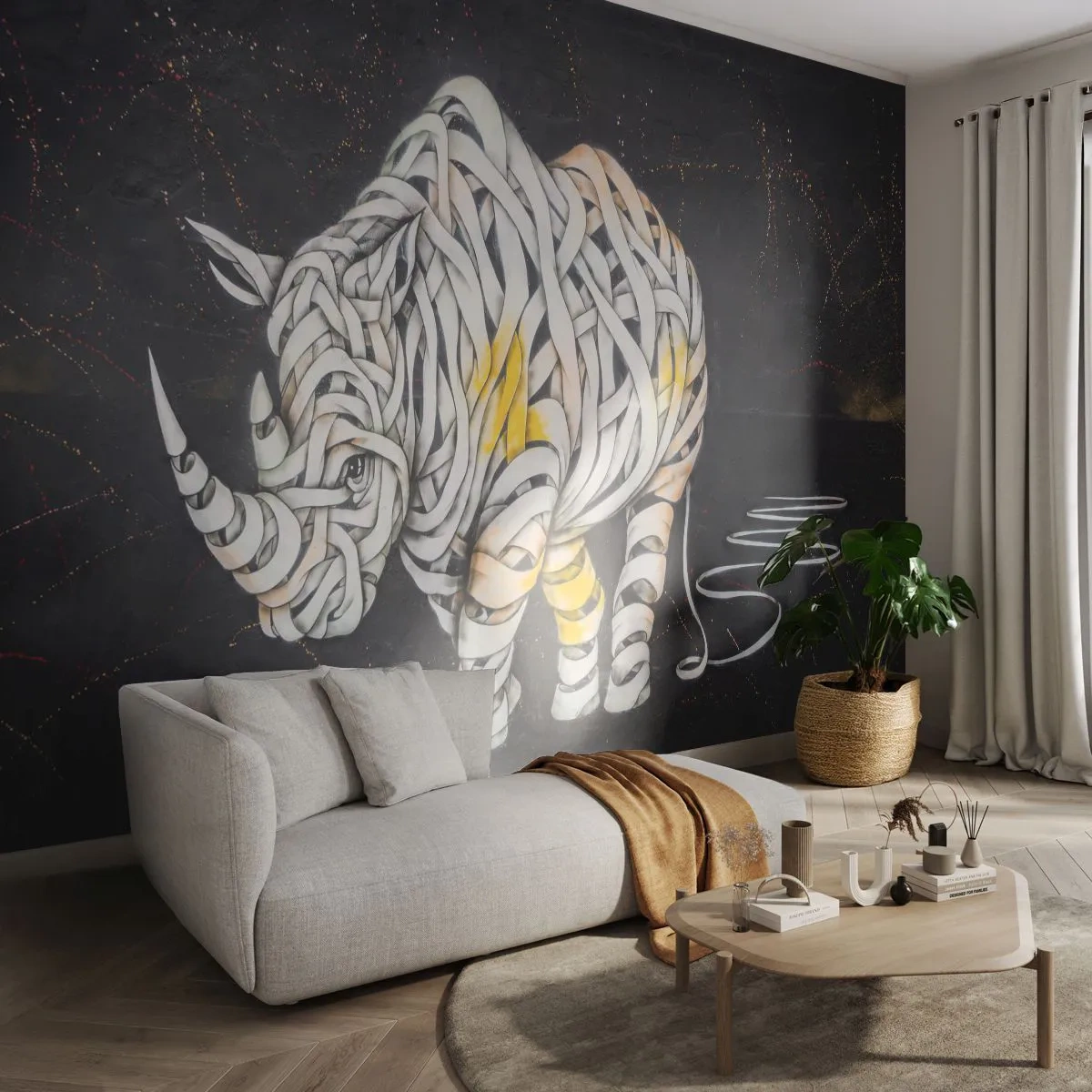 Fotomural Premium Canvas - Un rinoceronte tallado con rayas abstractas sobre un fondo oscuro. - 100x70cm - El mito de la momia rinoceronte - Decoración de pared moderna para salón y dormitorio ARTTOR