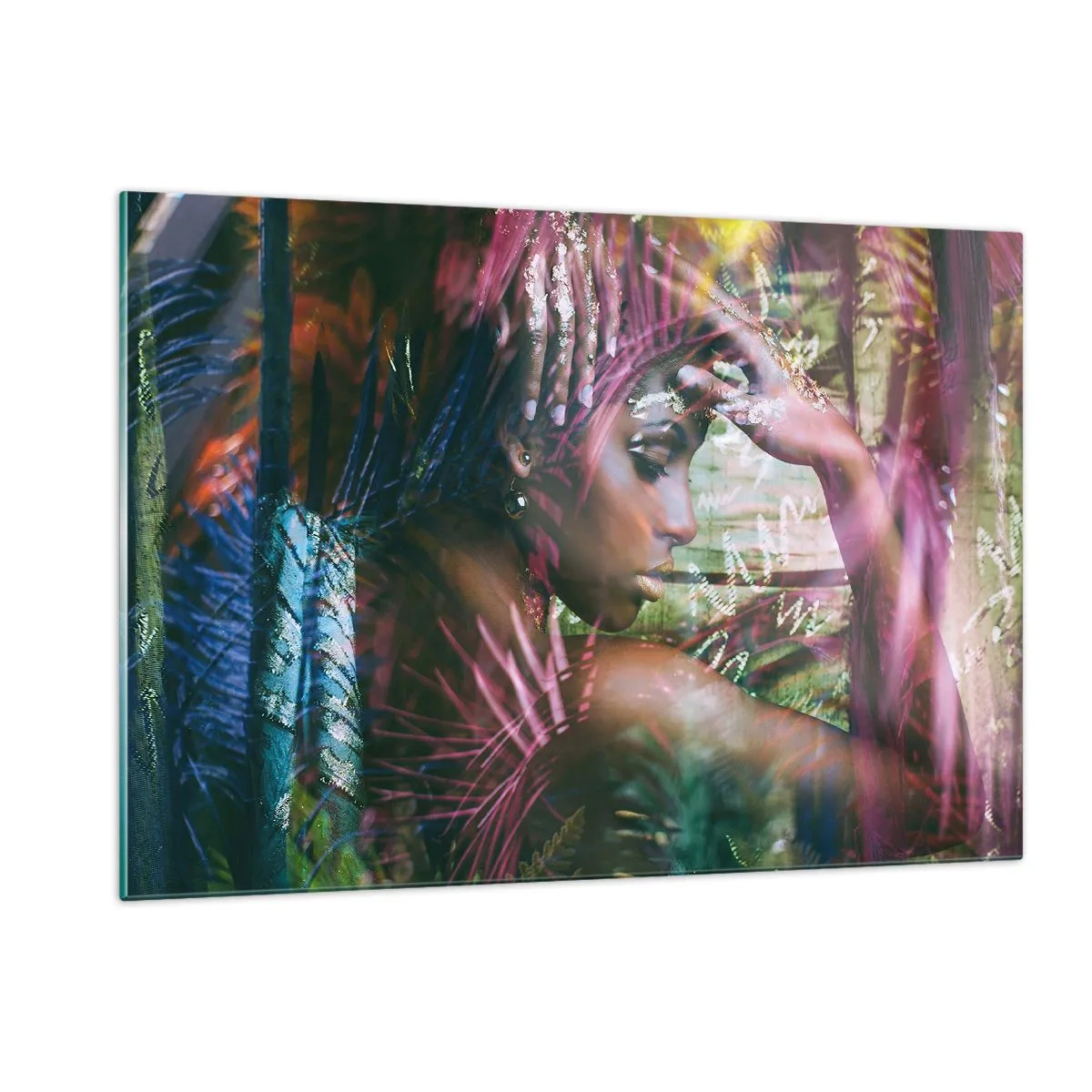 Cuadro sobre vidrio - Impresiones sobre Vidrio - Retrato de una mujer entre hojas tropicales y reflejos de luz. - 120x80cm - La madre naturaleza en la selva - Decoración de pared moderna para salón y dormitorio ARTTOR