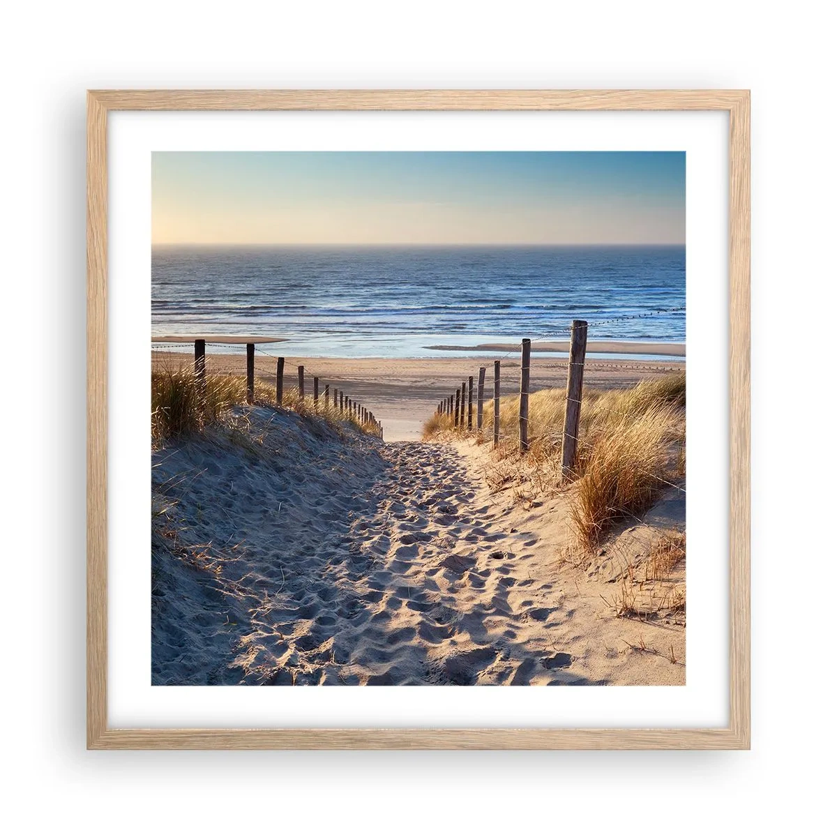 Póster en marco roble claro - El sonido del mar, el canto de los pájaros, una playa virgen entre las dunas... - 50x50 cm