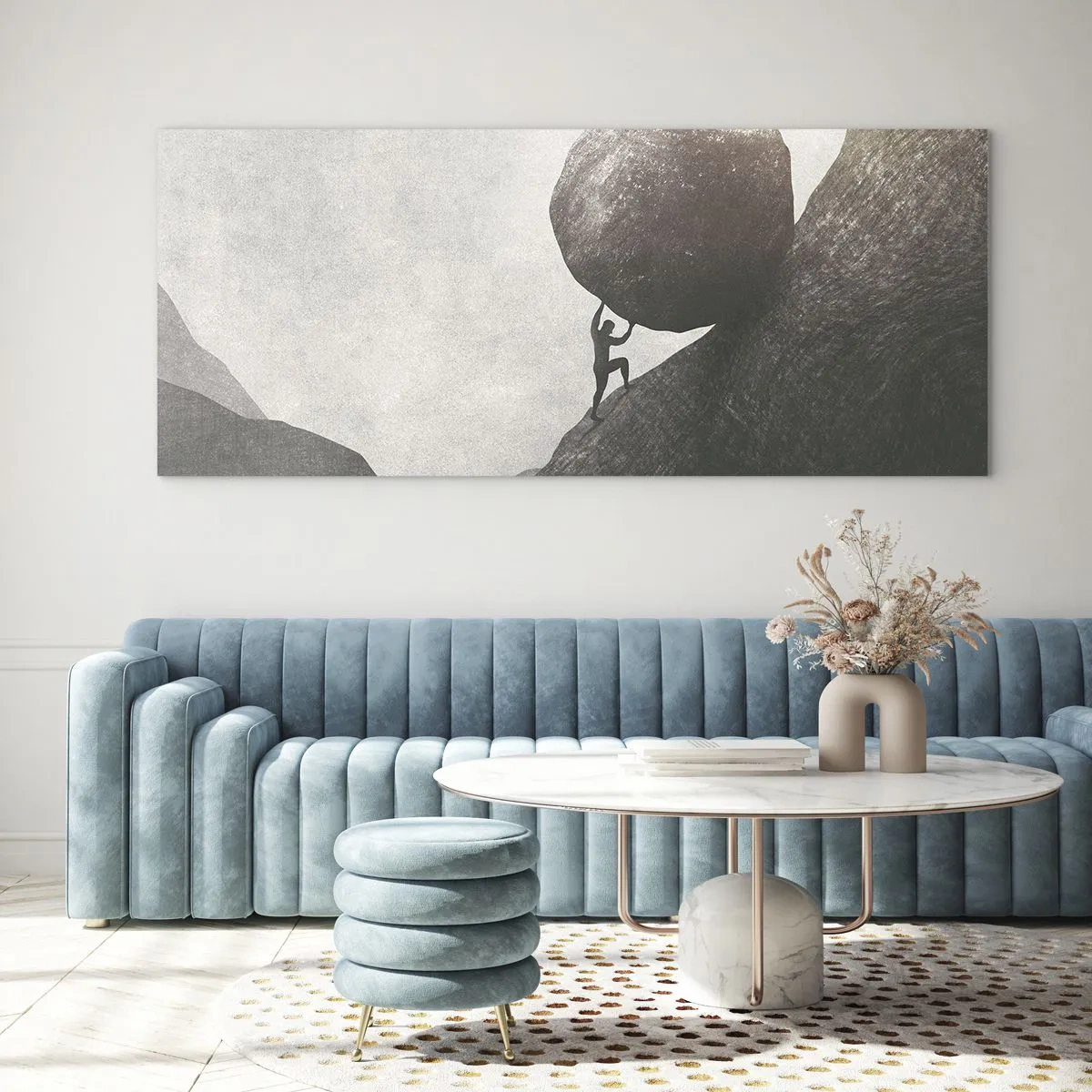 Cuadro sobre vidrio - Impresiones sobre Vidrio - Un hombre trepando una enorme roca por una colina. - 140x50cm - Creo, contra toda esperanza - Decoración de pared moderna para salón y dormitorio ARTTOR