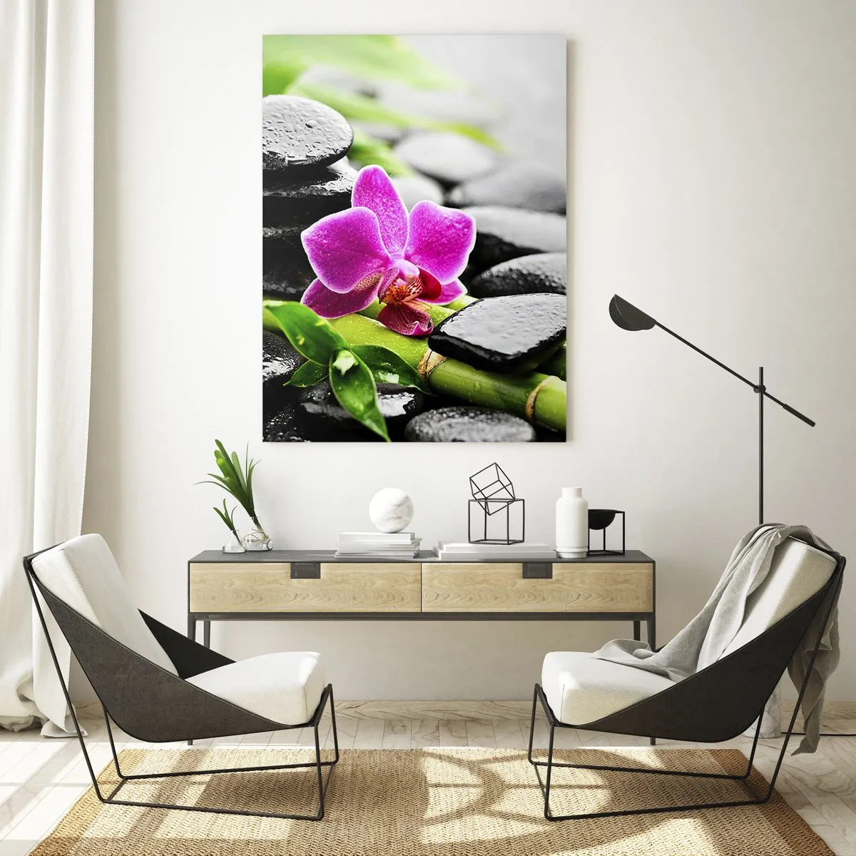 Cuadro sobre vidrio - Impresiones sobre Vidrio - Orquídea, piedras negras y bambú en un arreglo tranquilo. - 50x70cm - En equilibrio pacífico - Decoración de pared moderna para salón y dormitorio ARTTOR
